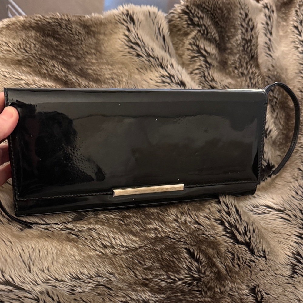 Stuart Weitzman Black Patent Leather Clutch with Silver Detail
